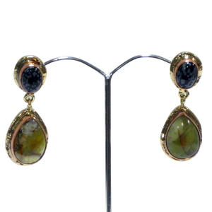 White Metal Green Opal & Snowflake Obsidian Earrings