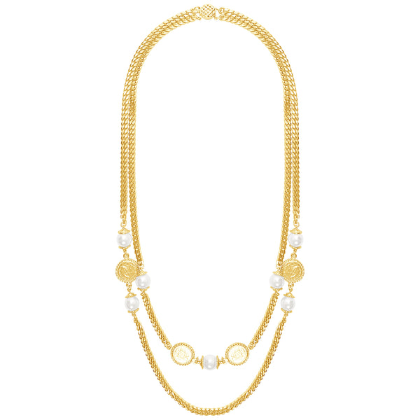 Layered Necklace In Gold Pearl with Roman Coins