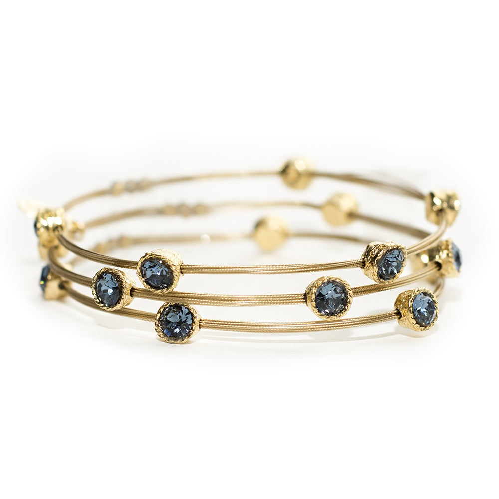 Shades of Denim Blue Crystal Gold Bracelet - Set of 3