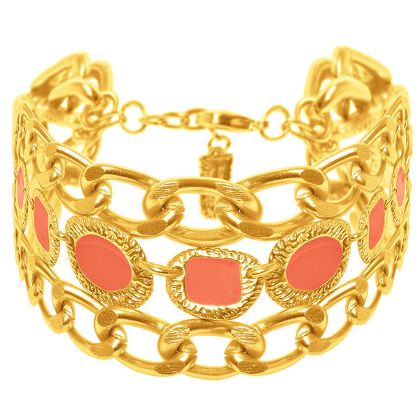Gold Bracelet with Coral Enamel Accents