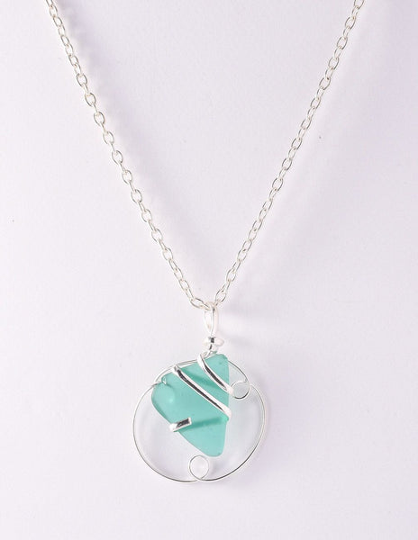 Alpaca Recycled Glass Pendant Necklace Circle Silver Plated - Mint