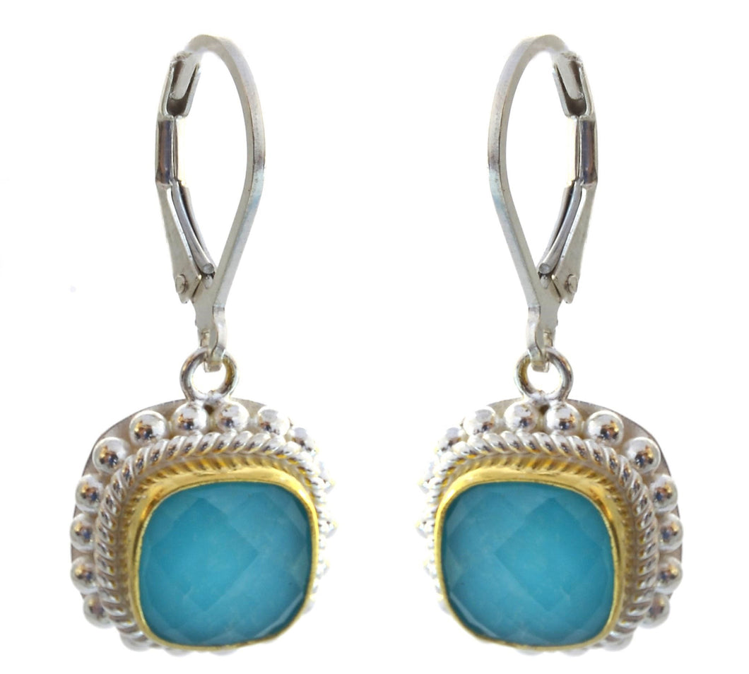 925 Sterling Silver Bali Faceted CRY Quartz over Turquoise Earrings