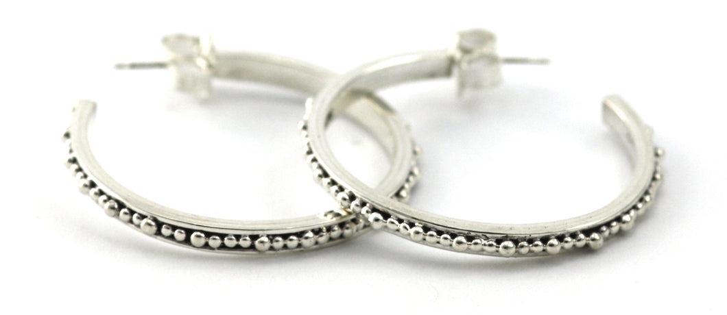 925 Sterling Silver Thin Bead Medium Hoop Earrings