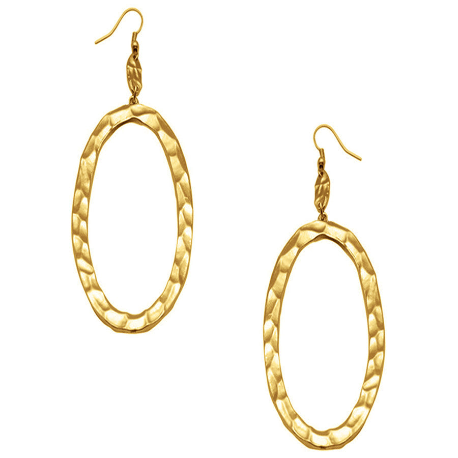 Hammered Oval Dangle Gold Earrings