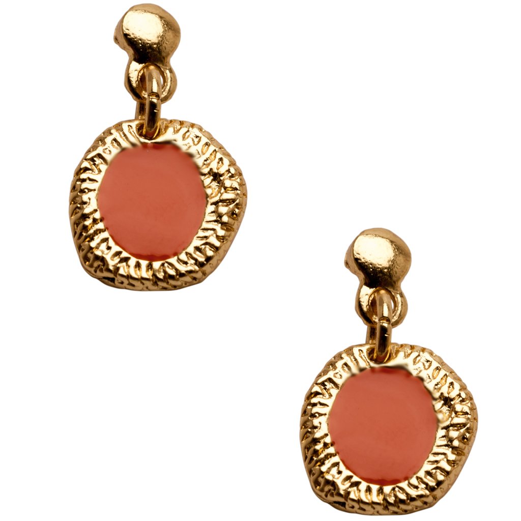 Gold brushed coral enamel bead drop earrings