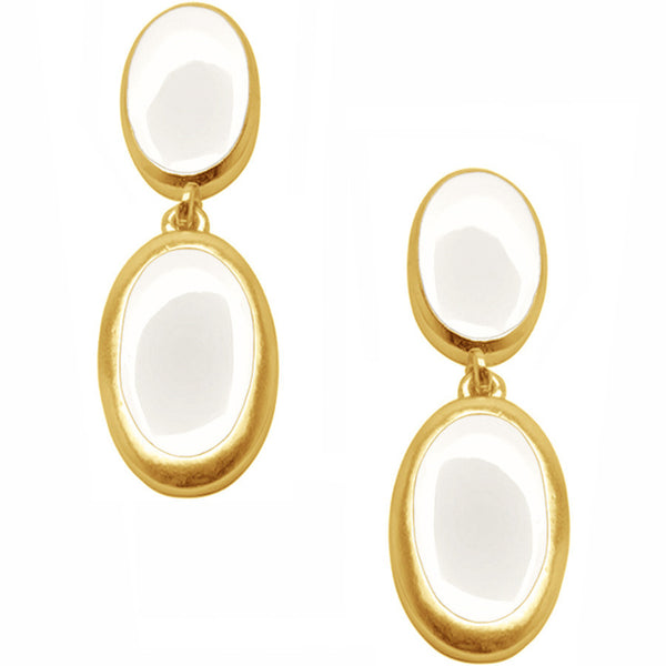 White Oval Earrings with Gold