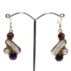 Gold White Metal w/Ruby, Blue Sapphire & Pearl Earrings
