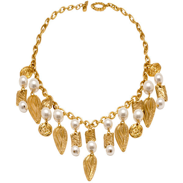 Floral Motif charms and glass Pearls Necklace in Gold