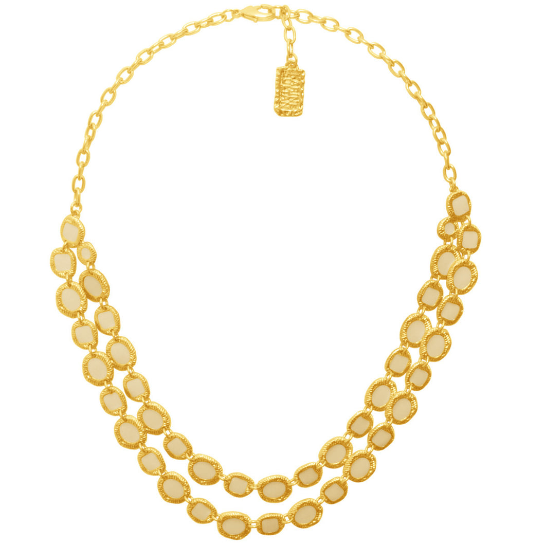 Double Row Gold Necklace with beige Enamel accents