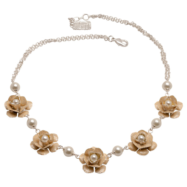 Silver Necklace with Beige Roses and glass pearls