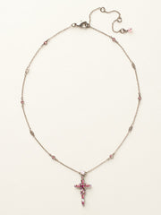 Delicate Cross Pendant Necklace - Pink Crystal