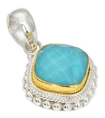 925 Sterling Silver Bali Faceted CRY Quartz over Turquoise Pendant