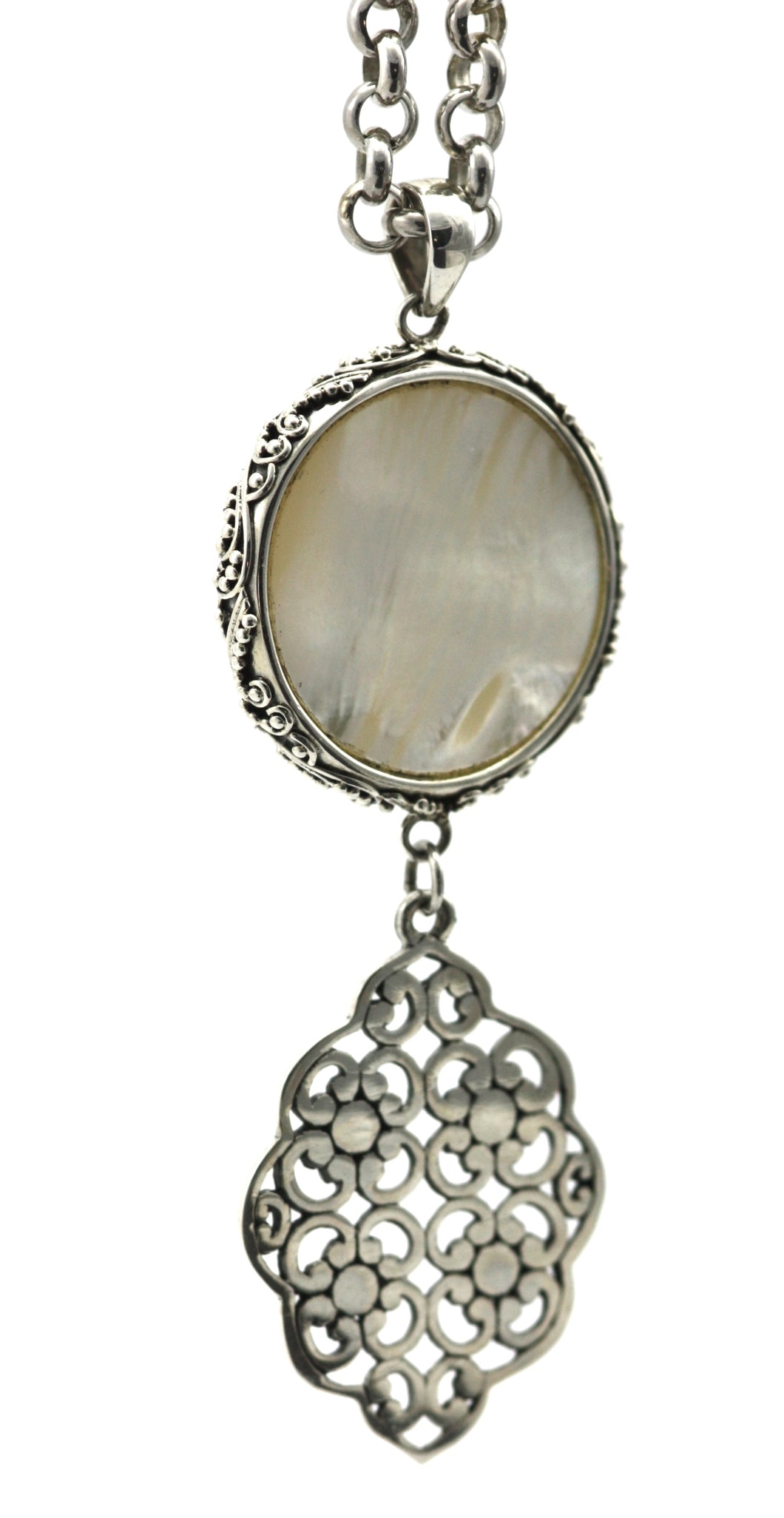 925 Sterling Silver Bali Mother of Pearl Double Drop Pendant