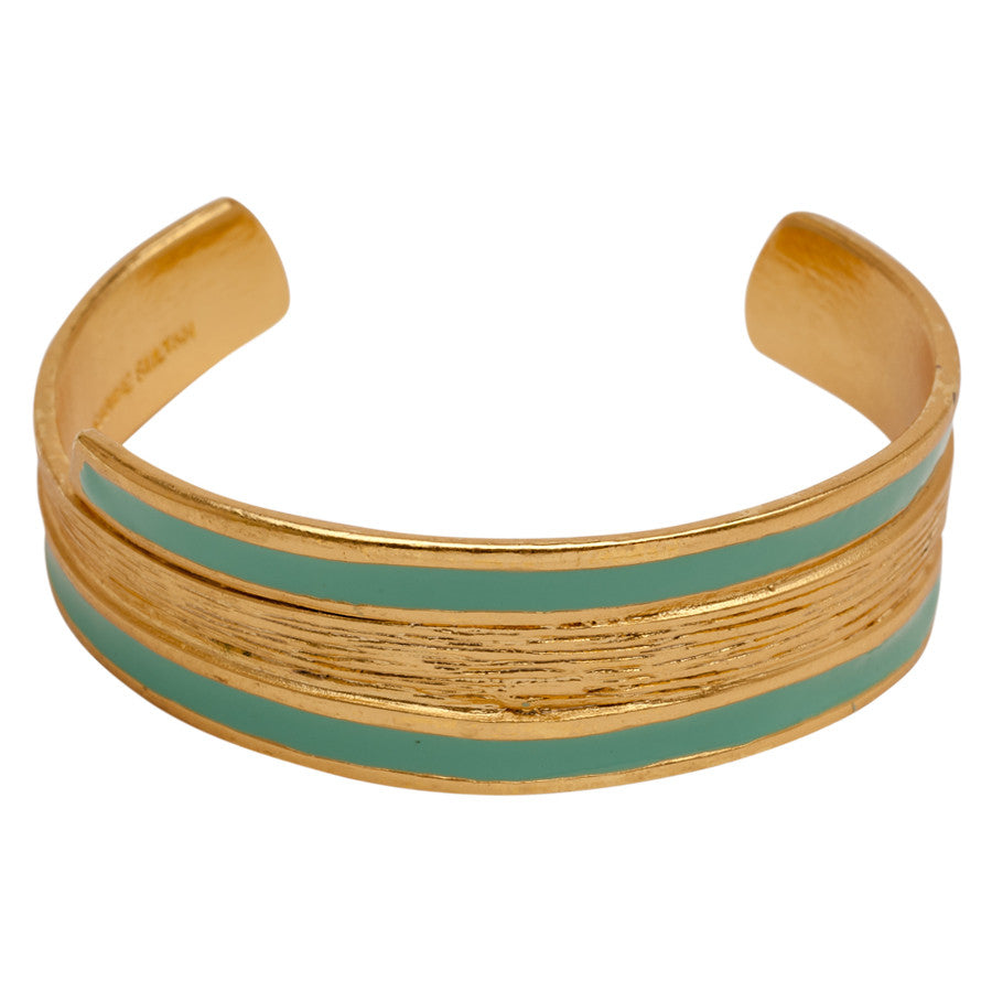 Gold Thin Textured Cuff with Green Enamel Finish