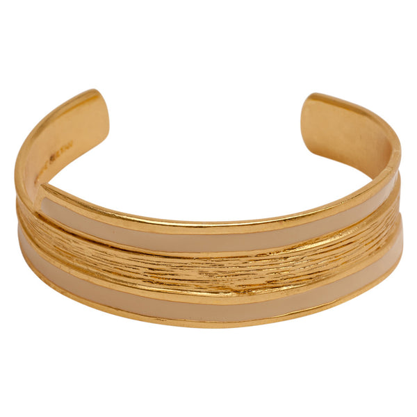 Gold Thin Textured Cuff with Beige Enamel Finish