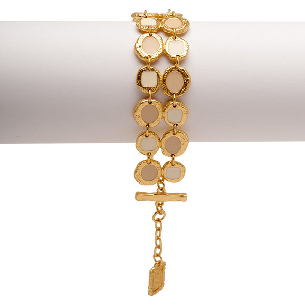 Double Strands Bracelet with Round Beige Enamel Accents