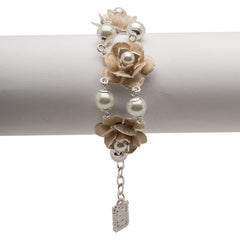 Silver Bracelet with Beige Enamel Flowers and Pearls